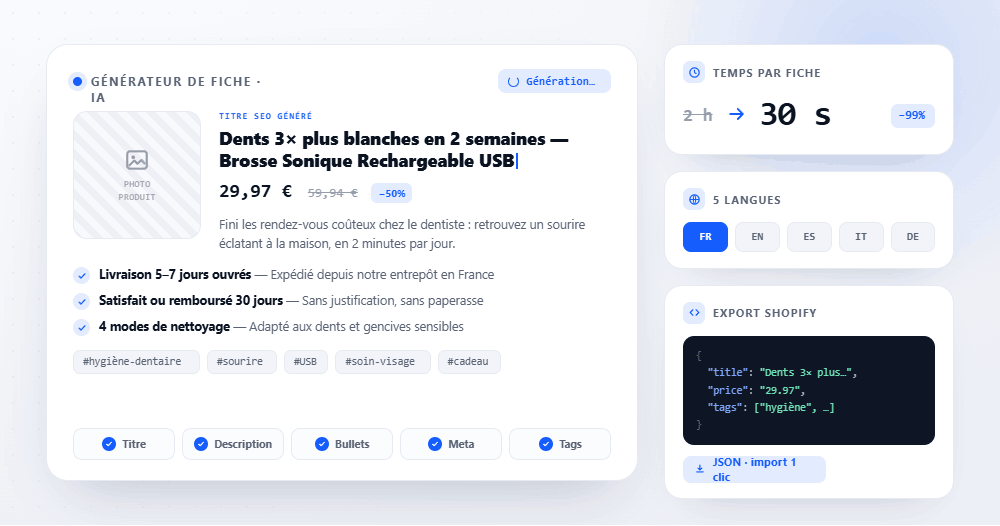 Générer une fiche produit Shopify automatiquement : le guide complet 2026
